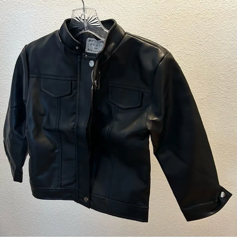 New size 7 kids boy girl pu leather jacket